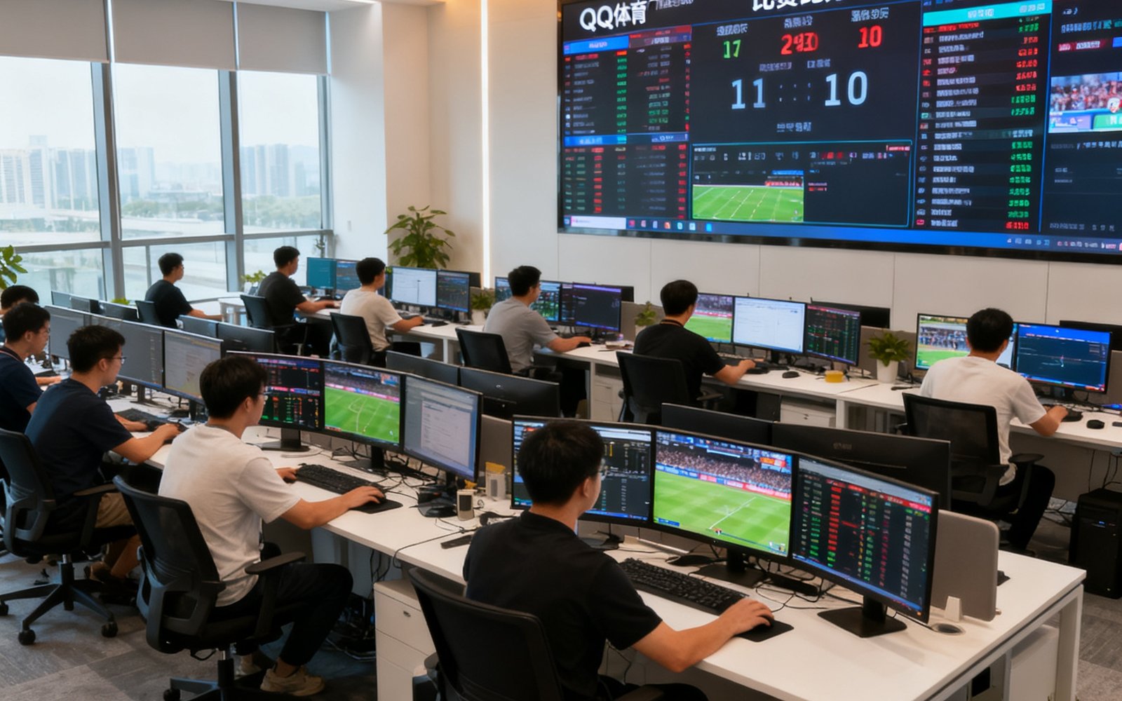 QQ体育广州总部开放式办公区全景，数十名数据分析师和编辑坐在多屏工作站前实时处理全球赛事数据，墙上大屏幕滚动显示比赛比分和直播信号